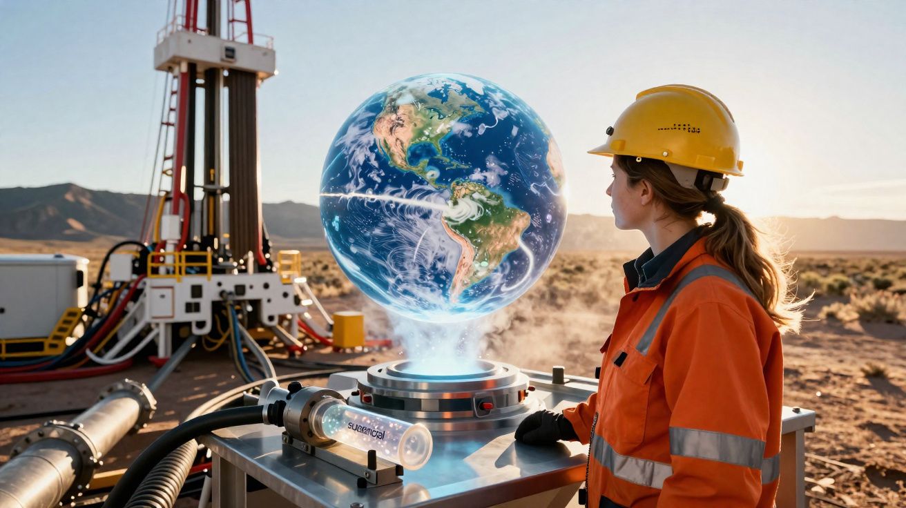 Mulher com capacete e equipamento de segurança observa projeção holográfica da Terra num deserto.