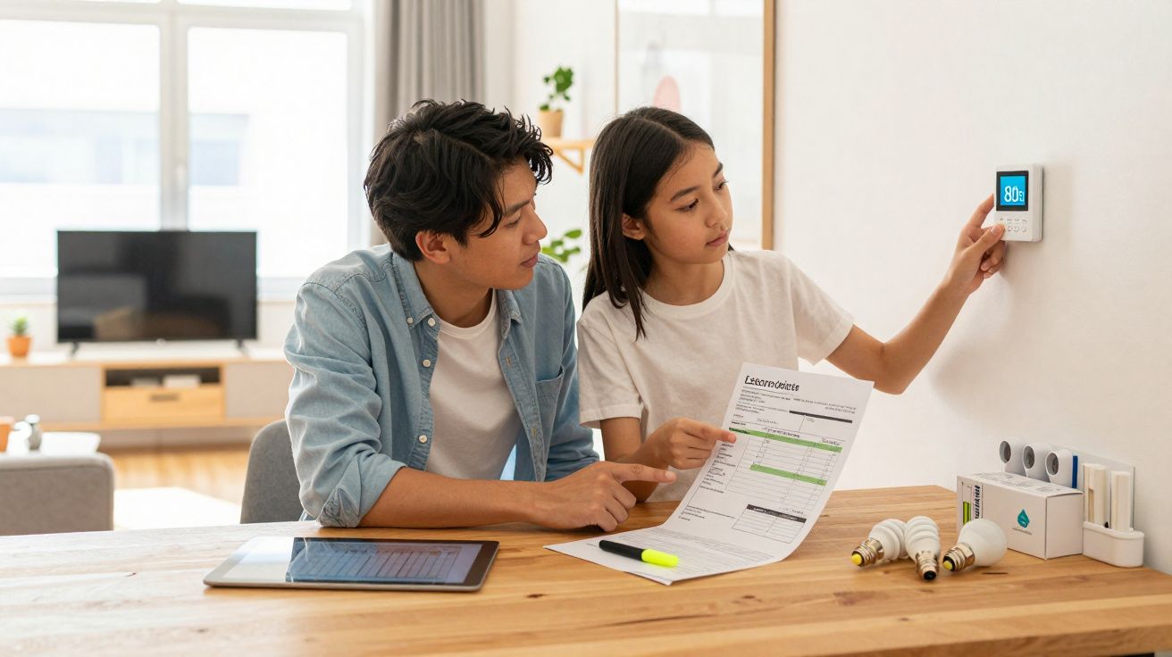 Casal ajusta termóstato digital enquanto analisa fatura e materiais para poupança energética numa sala luminosa.