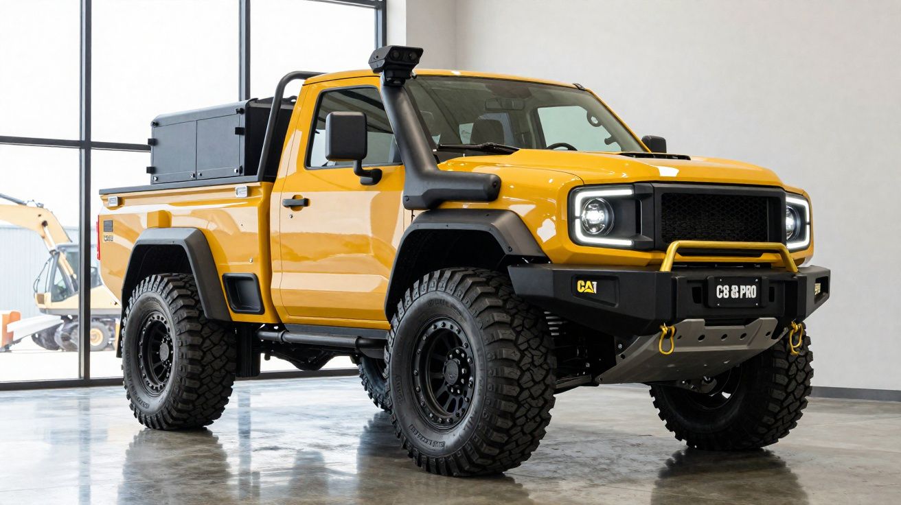 Pick-up amarela robusta CAT C8 PRO em ambiente interior, com pneus todo-o-terreno e snorkel.