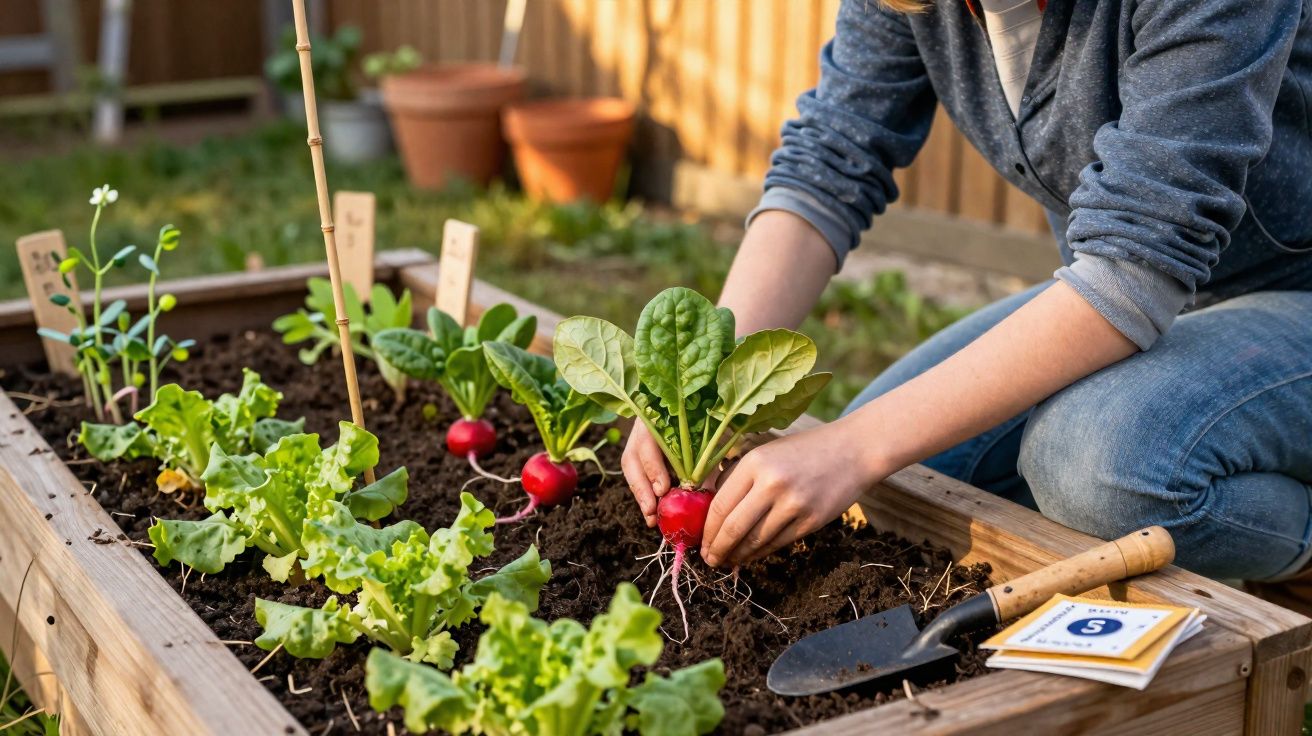 Pessoa colhe rabanetes numa horta urbana com alfaces em canteiro de madeira durante o dia.