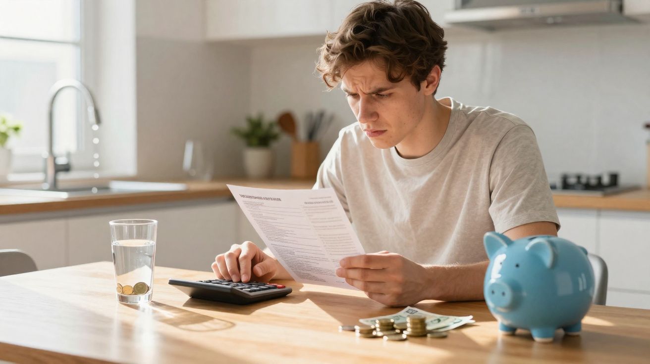 Jovem preocupado a analisar contas na cozinha com calculadora, moedas, notas e mealheiro azul.