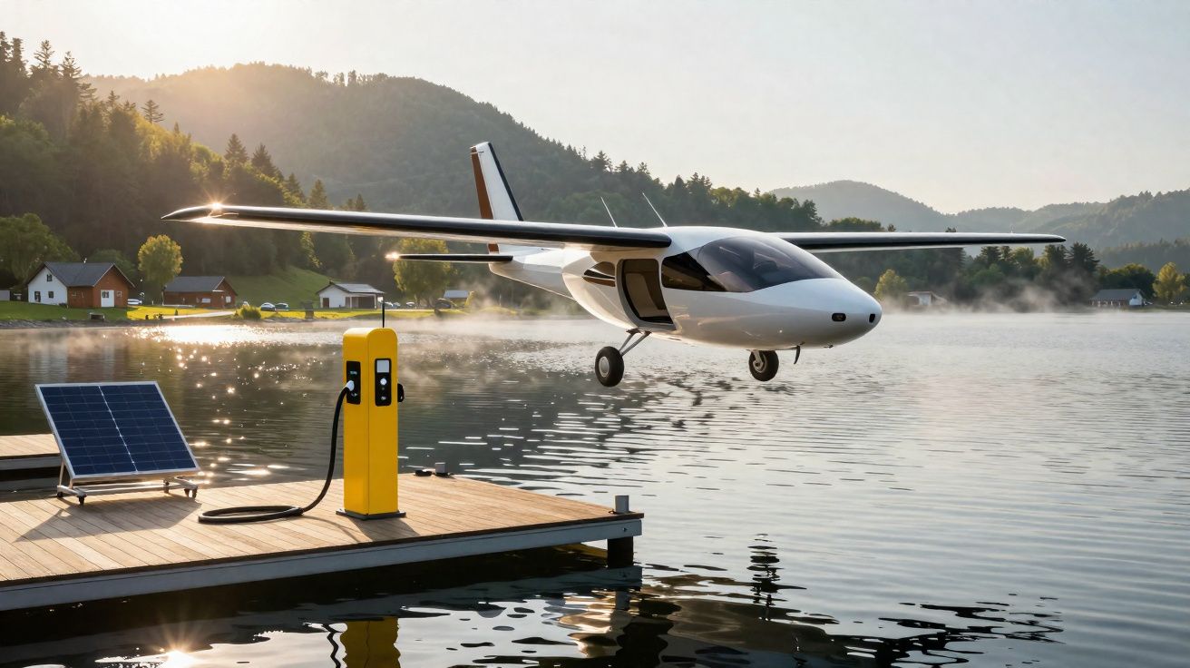 Avião elétrico a descolar sobre um lago junto a doca com painel solar e posto de carregamento amarelo.