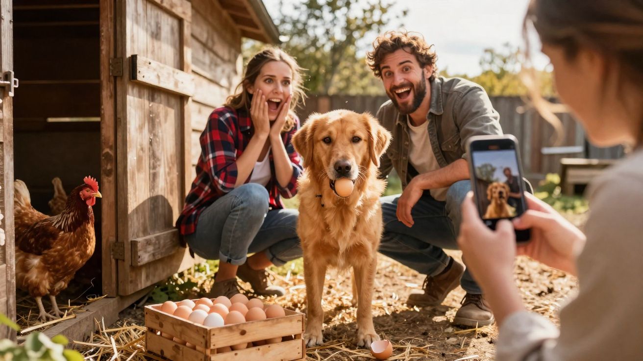 Casal foca cão com ovo na boca na quinta enquanto outra pessoa fotografa a cena com telemóvel.