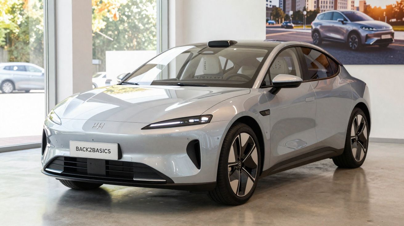Carro eléctrico moderno prateado exibido em interior de showroom com janelas grandes e luz natural.