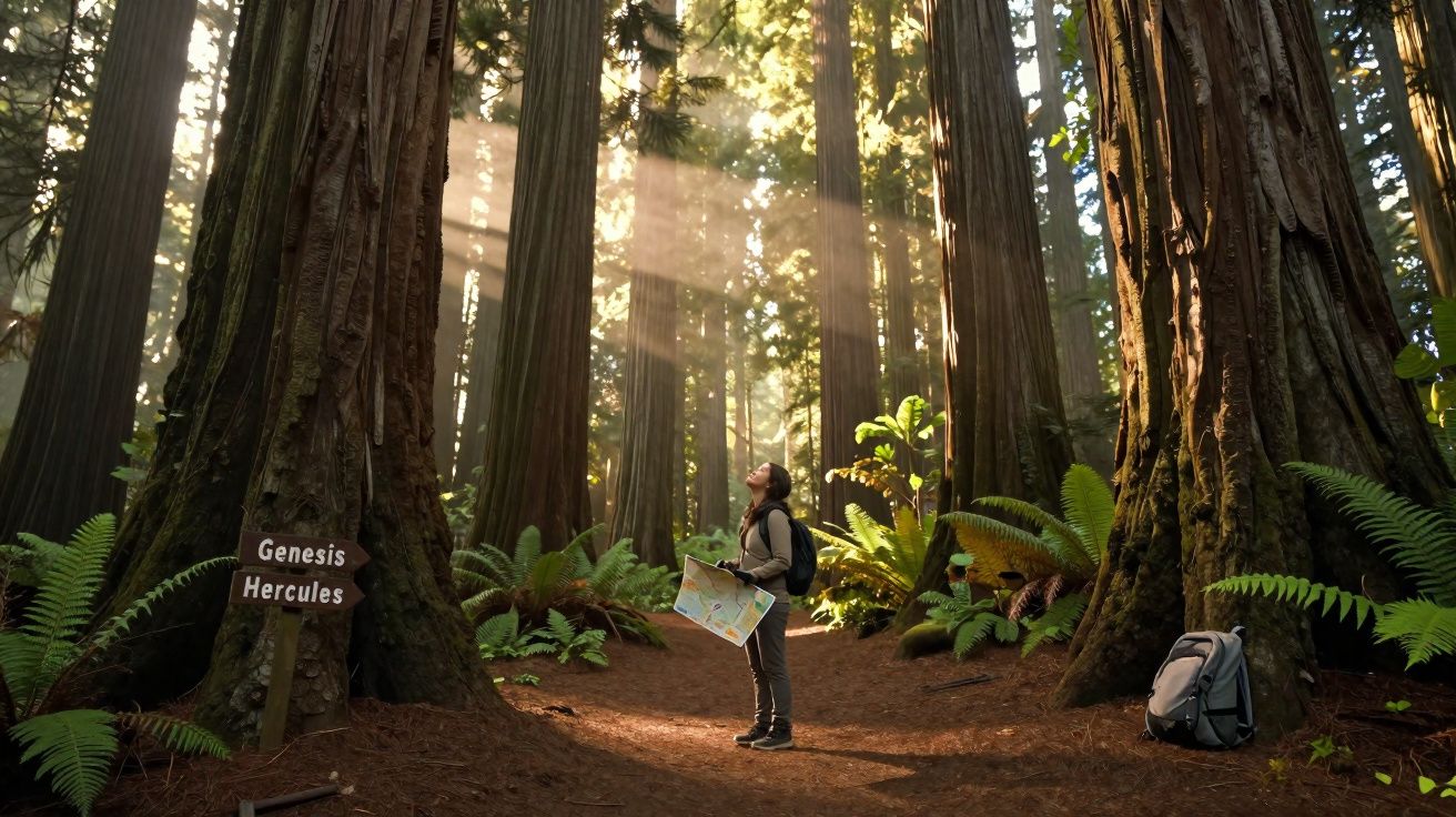 Pessoa a explorar floresta densa com árvores altas, segurando mapa, luz do sol a penetrar entre troncos.