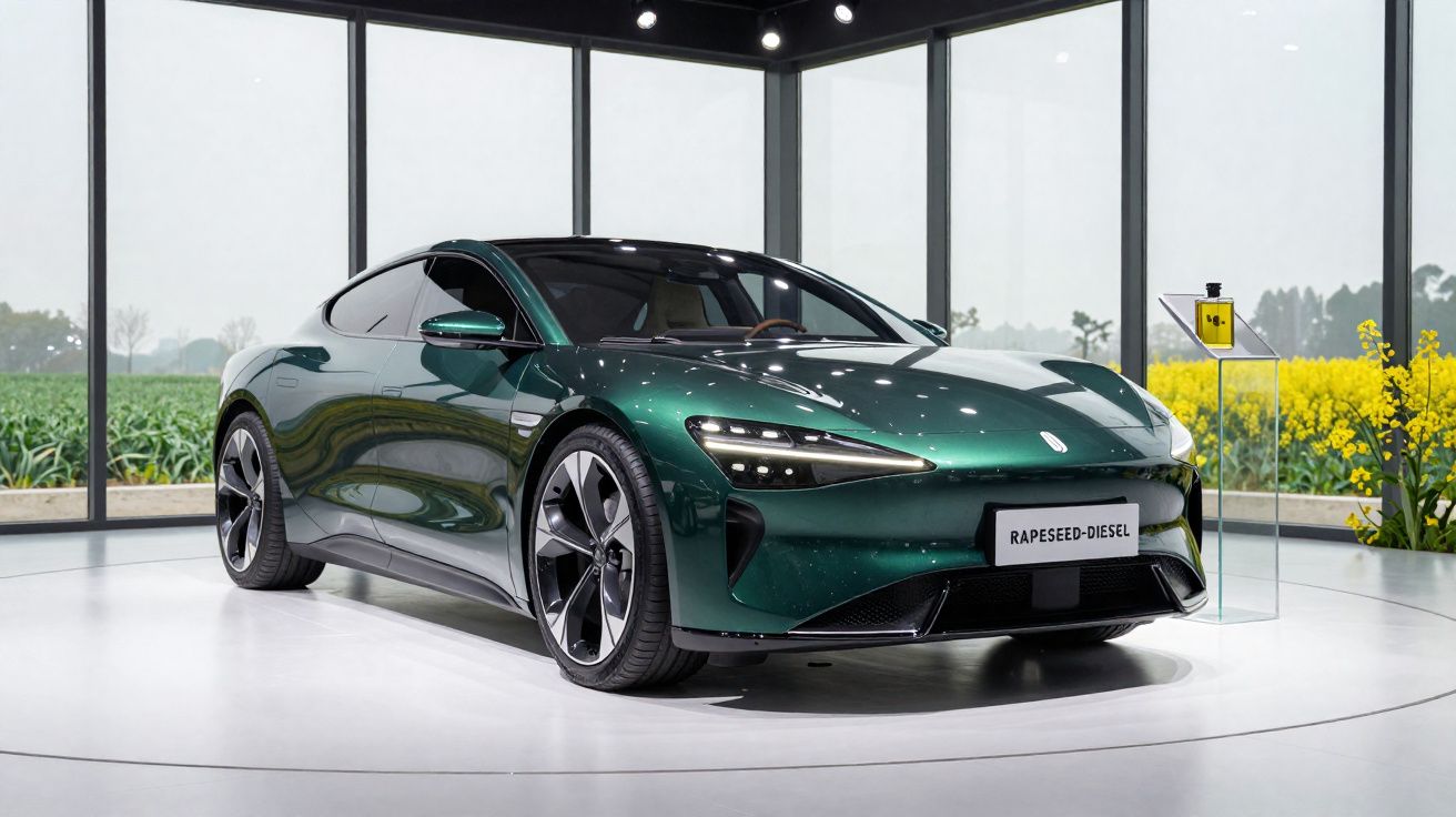 Carro desportivo elétrico verde escuro numa exposição com vista para campos através de janelas grandes.