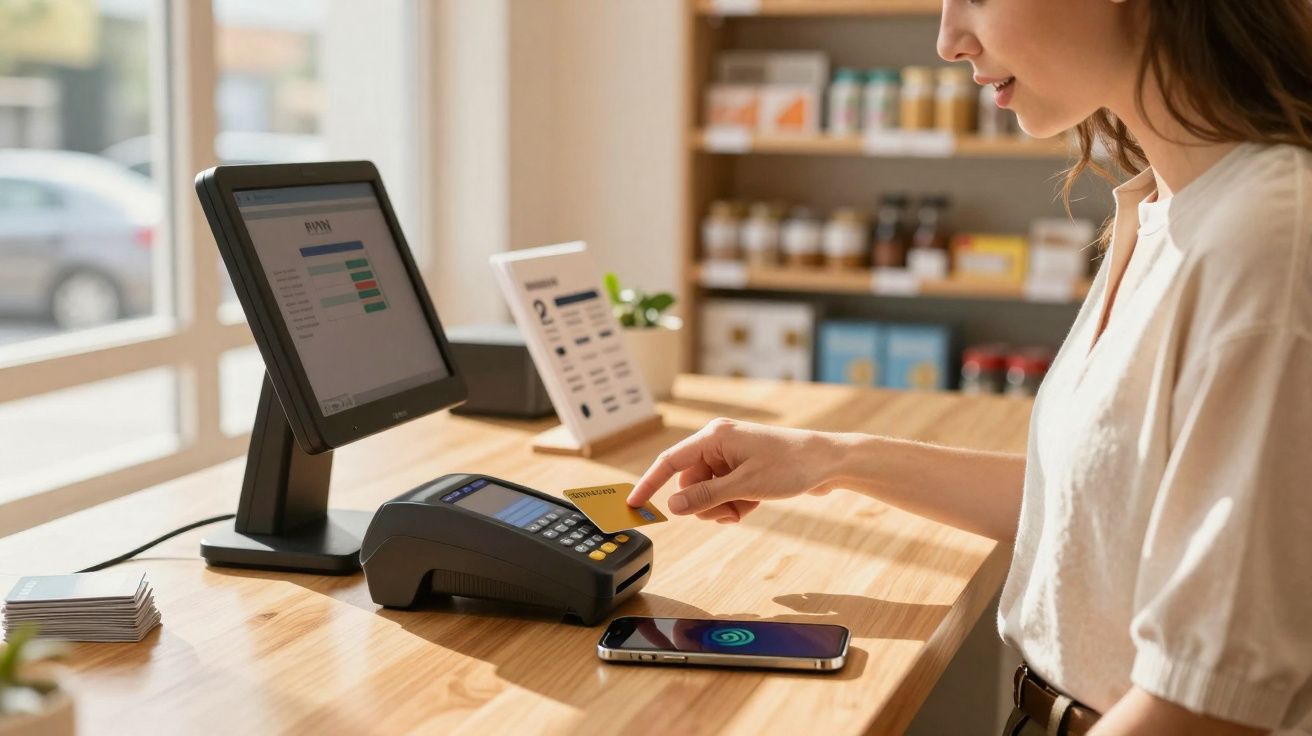 Mulher a pagar com cartão contactless num terminal de pagamento numa loja.