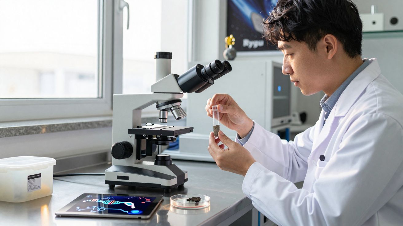 Cientista em bata branca analisa amostra em tubo de ensaio junto a microscópio e tablet num laboratório.