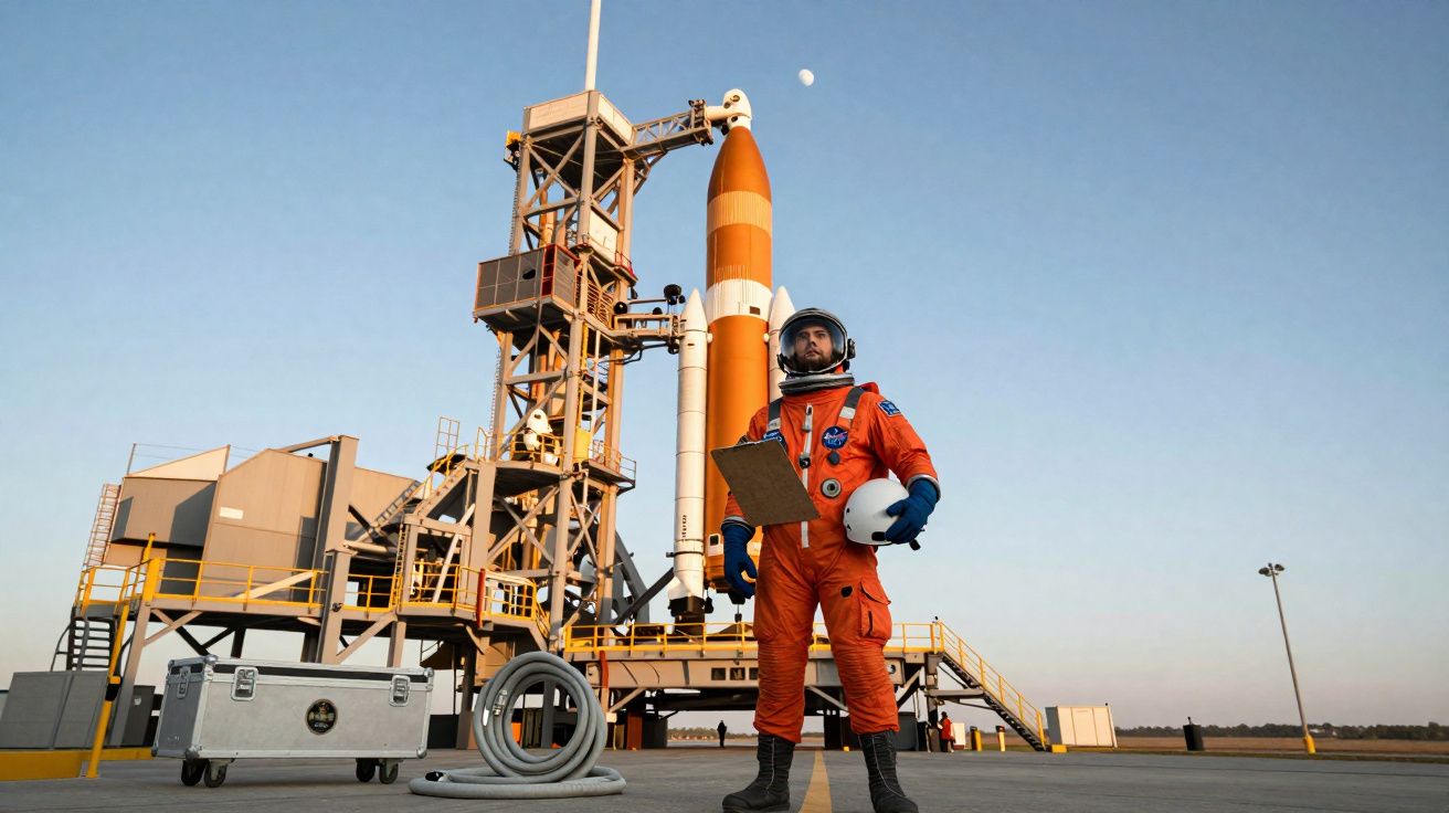 Astronauta de fato laranja com capacete na mão junto a foguetão pronto para lançamento ao amanhecer.