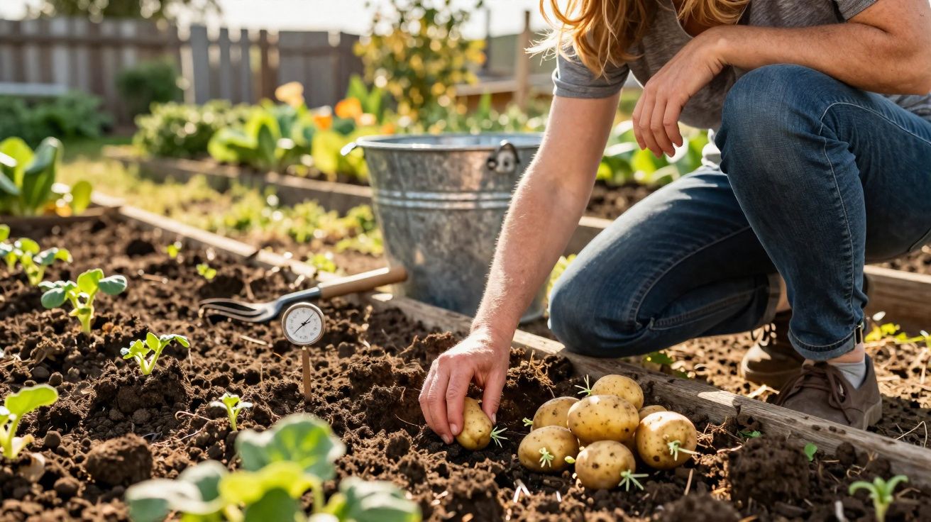 Pessoa a colher batatas maduras numa horta com regador metálico e plantas verdes ao fundo.