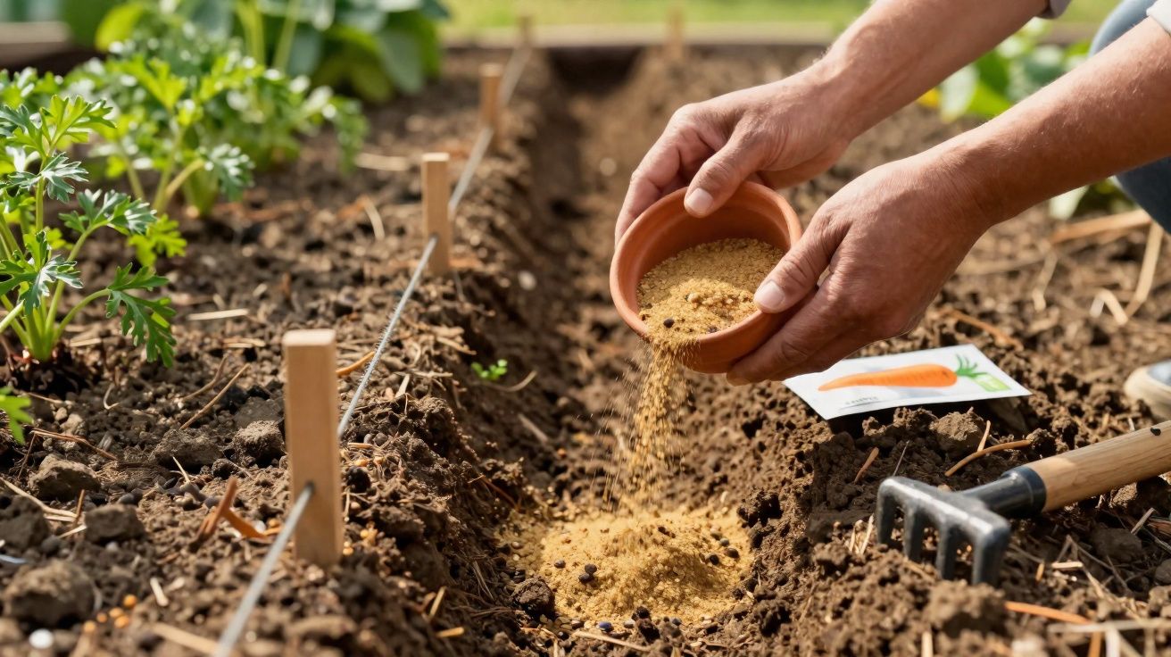 Mãos a semear sementes em sulco no solo de horta com plantas crescidas e ferramenta à vista.