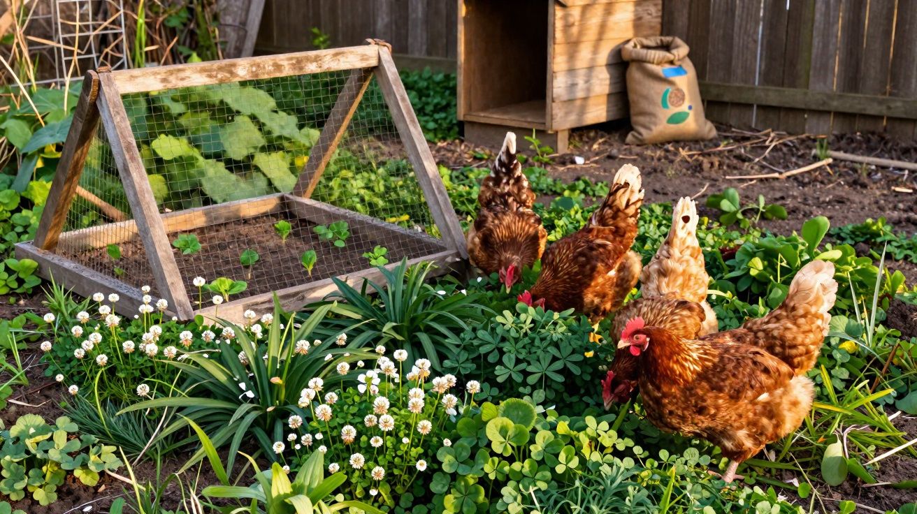 Quatro galinhas castanhas a ciscarem numa horta com flores, plantas e abrigo de madeira ao fundo.