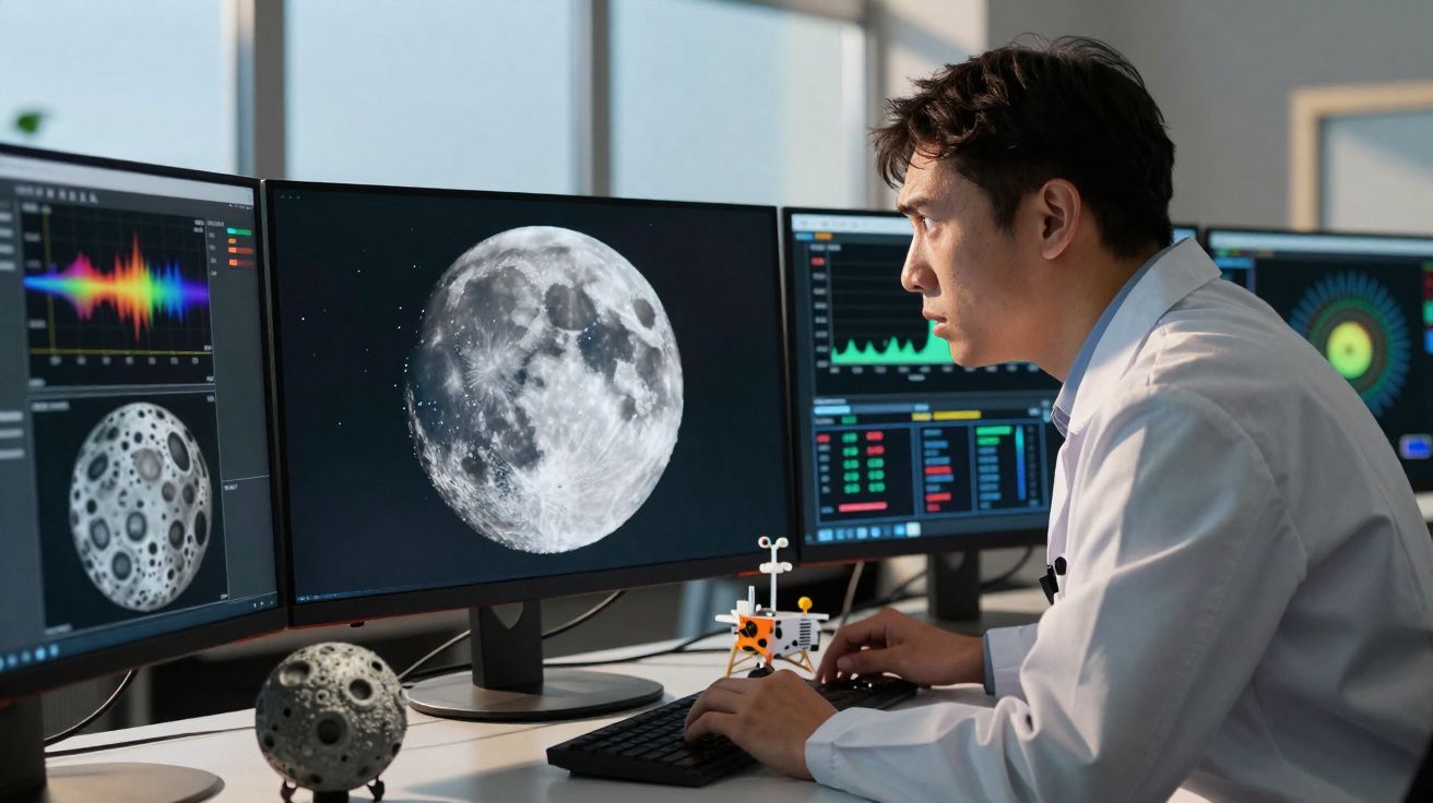 Cientista em laboratório observa imagens detalhadas da lua em vários ecrãs de computador.