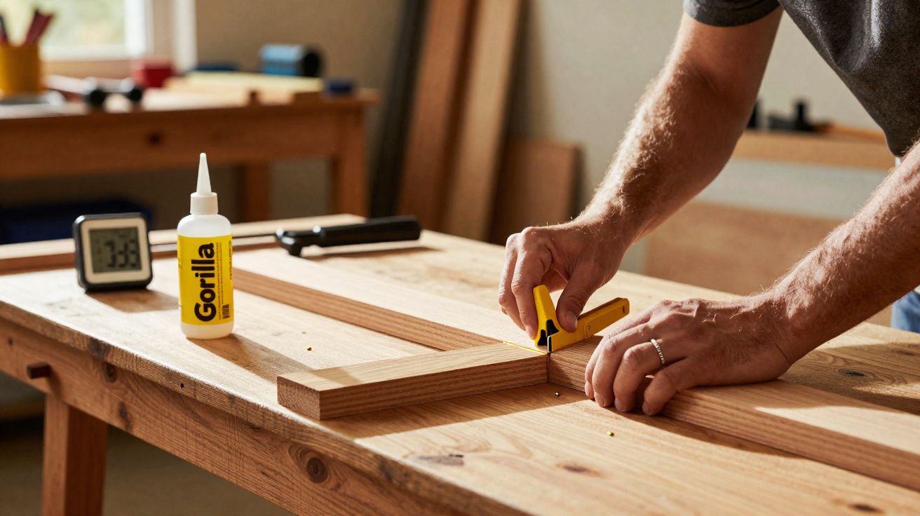 Pessoa a medir tábua de madeira com esquadro numa bancada de carpintaria com cola e relógio digital.