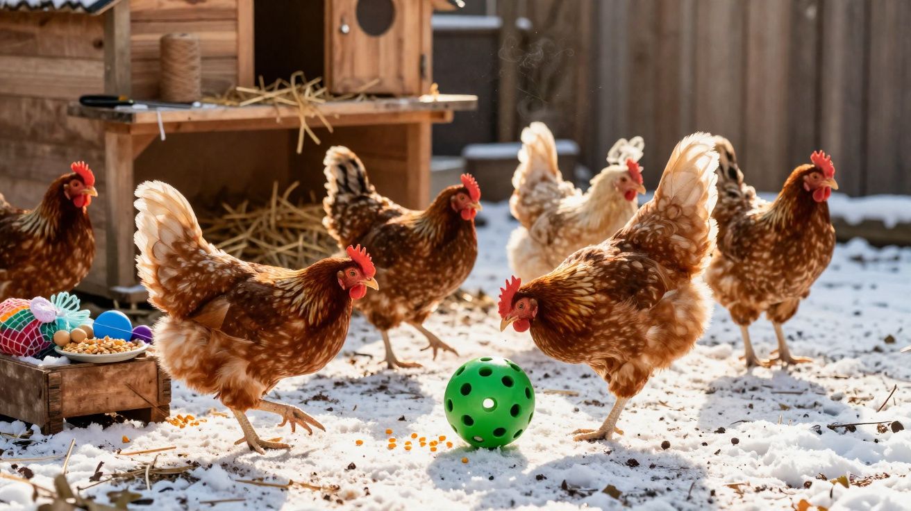 Galinhas castanhas a conviver e explorar bola verde num chão coberto de neve junto a um galinheiro.
