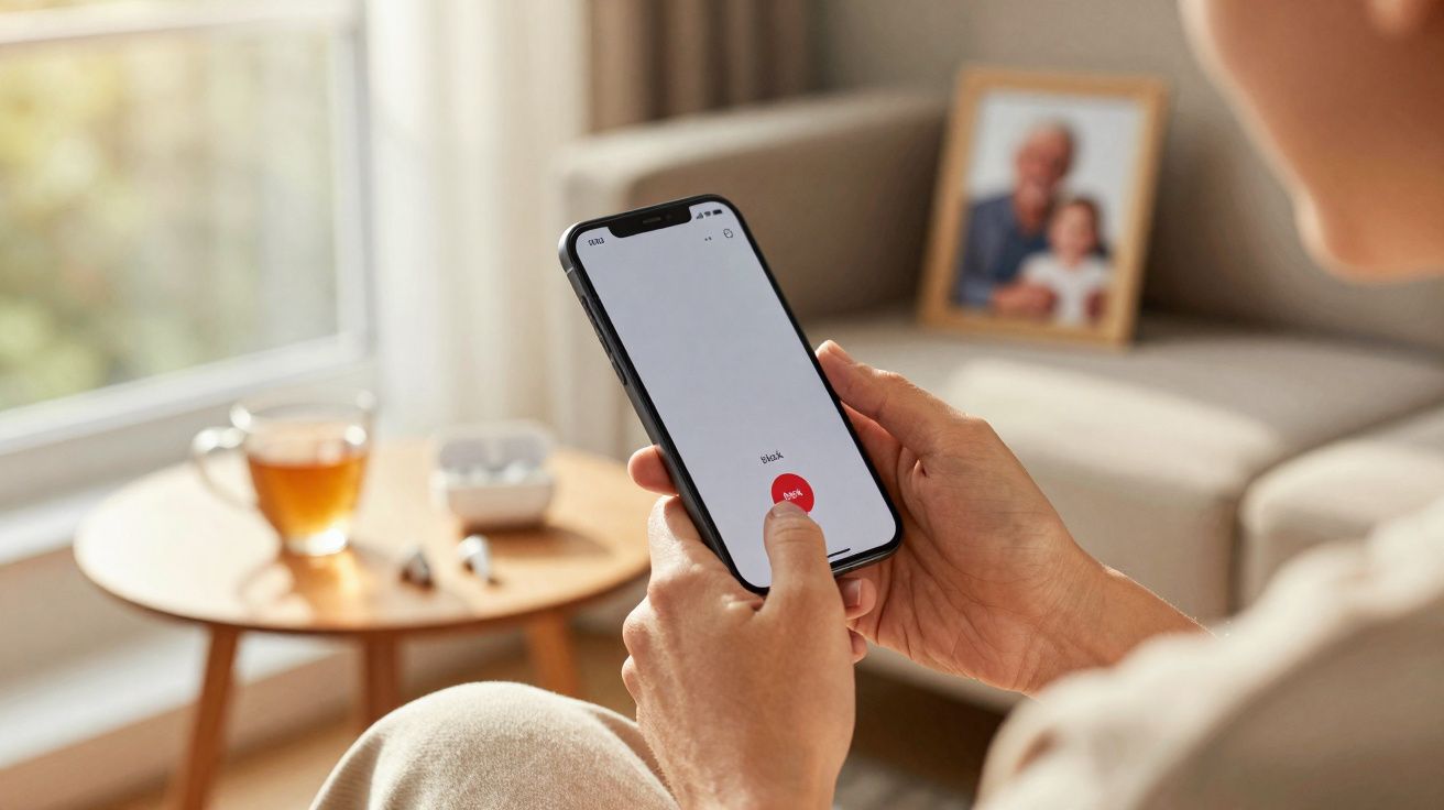 Pessoa a gravar mensagem de voz num smartphone sentado numa sala com chá numa mesa à frente.
