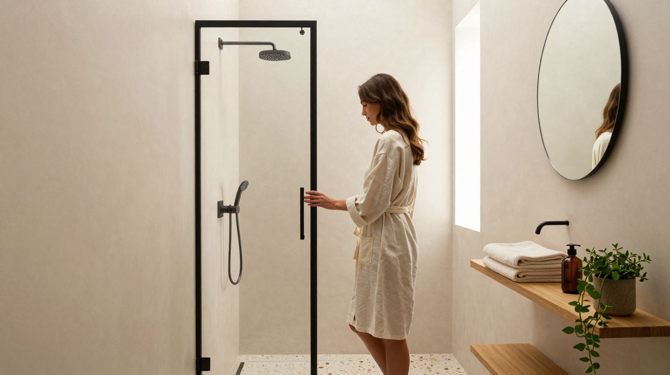 Mulher de robe abre porta de vidro preto para entrar em chuveiro minimalista com paredes claras.