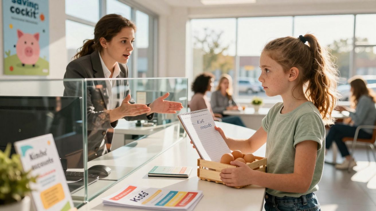 Criança na loja a mostrar um caderno com "KIDS produto" enquanto mulher explica atrás do balcão.