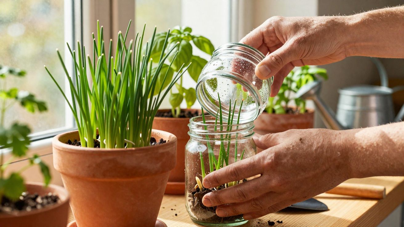 Mãos a transplantar plantas verdes de um frasco para um vaso junto a uma janela iluminada.