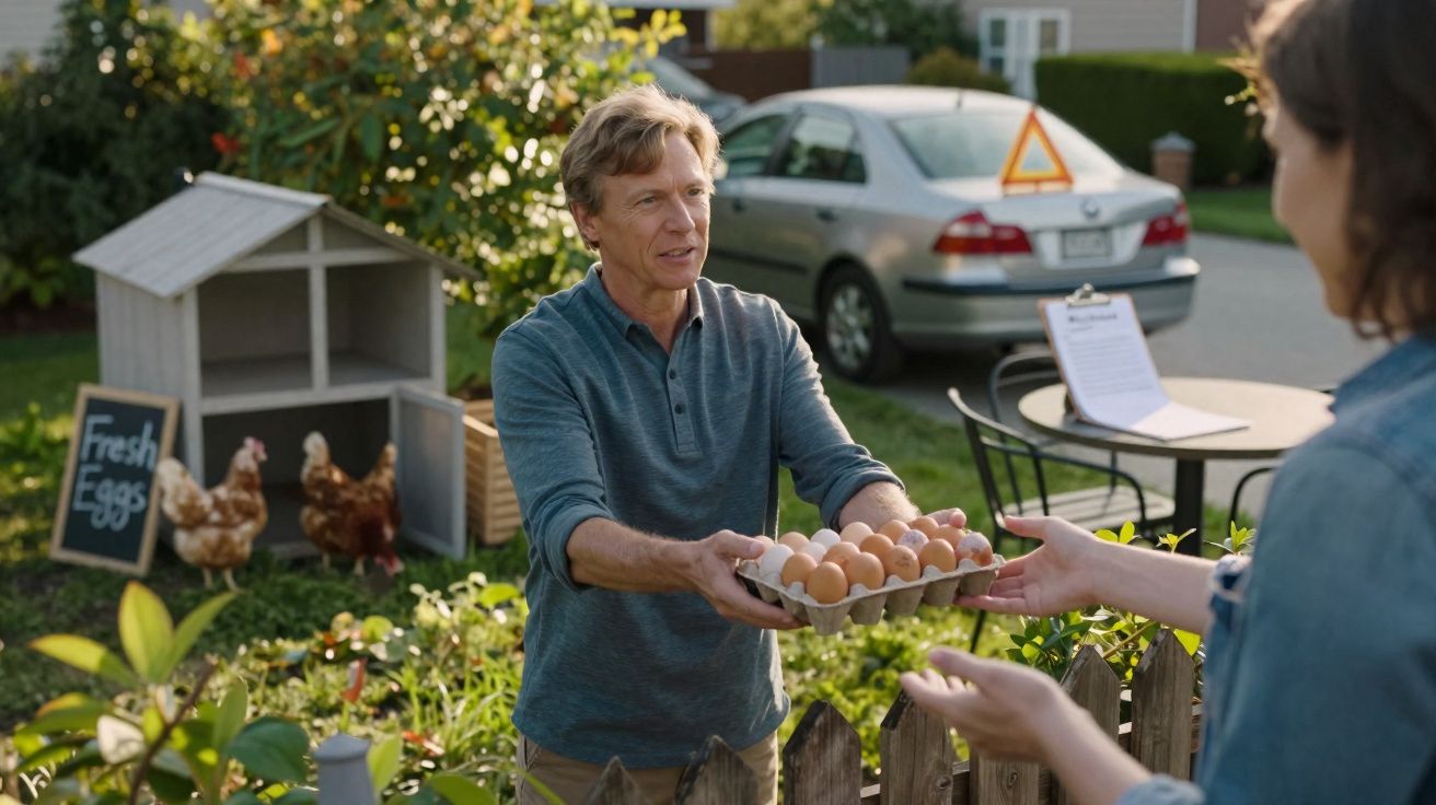 Homem entrega caixa de ovos frescos a mulher num jardim com galinhas ao fundo.