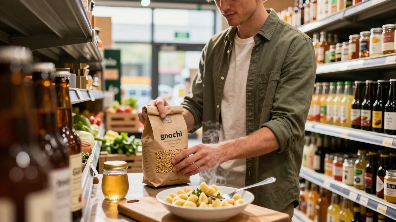 Homem abre pacote de gnocchi numa mercearia enquanto prepara prato de massa numa mesa.