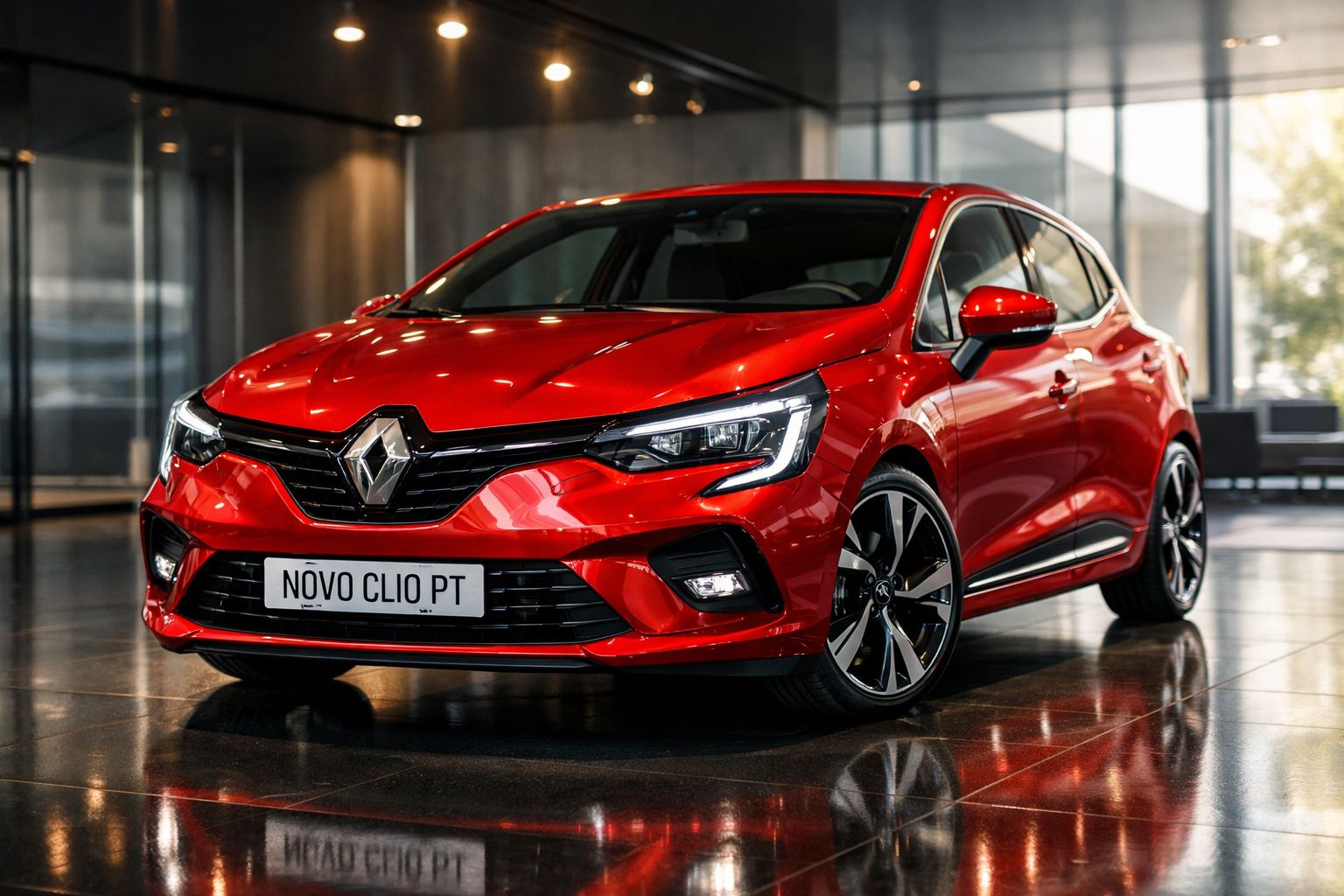 Renault Novo Clio vermelho em exposição interior com luz natural e refletores no chão brilhante.