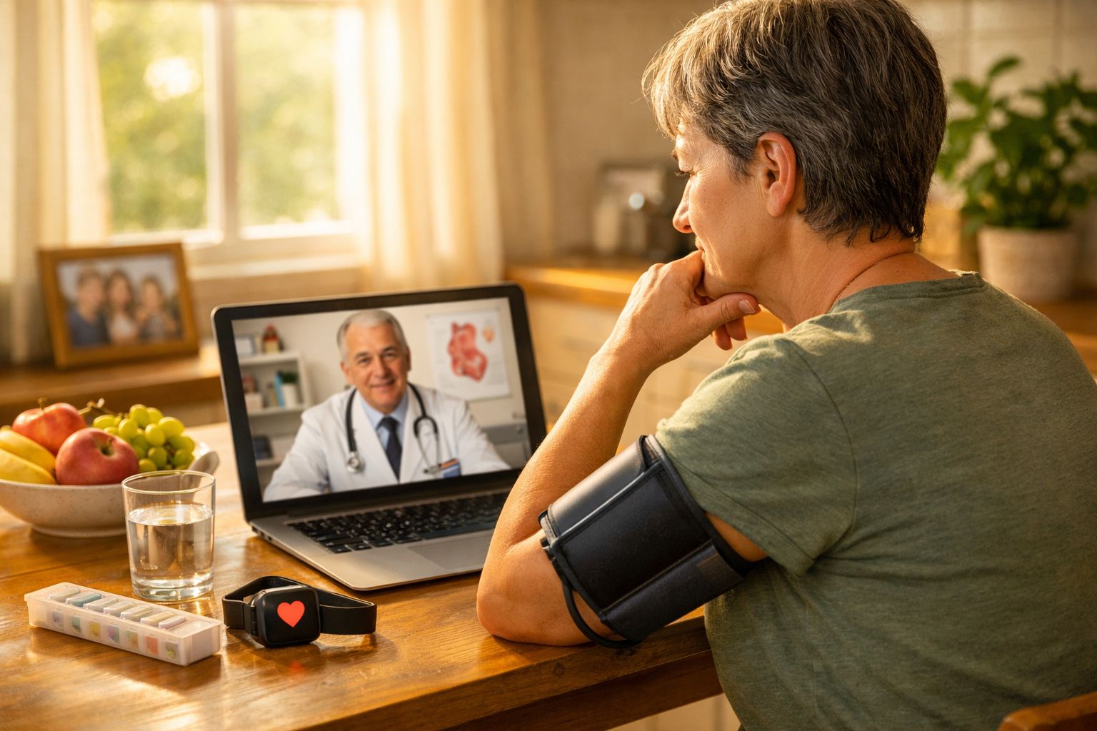 Mulher consulta médico online num portátil enquanto mede a tensão com aparelho no braço.