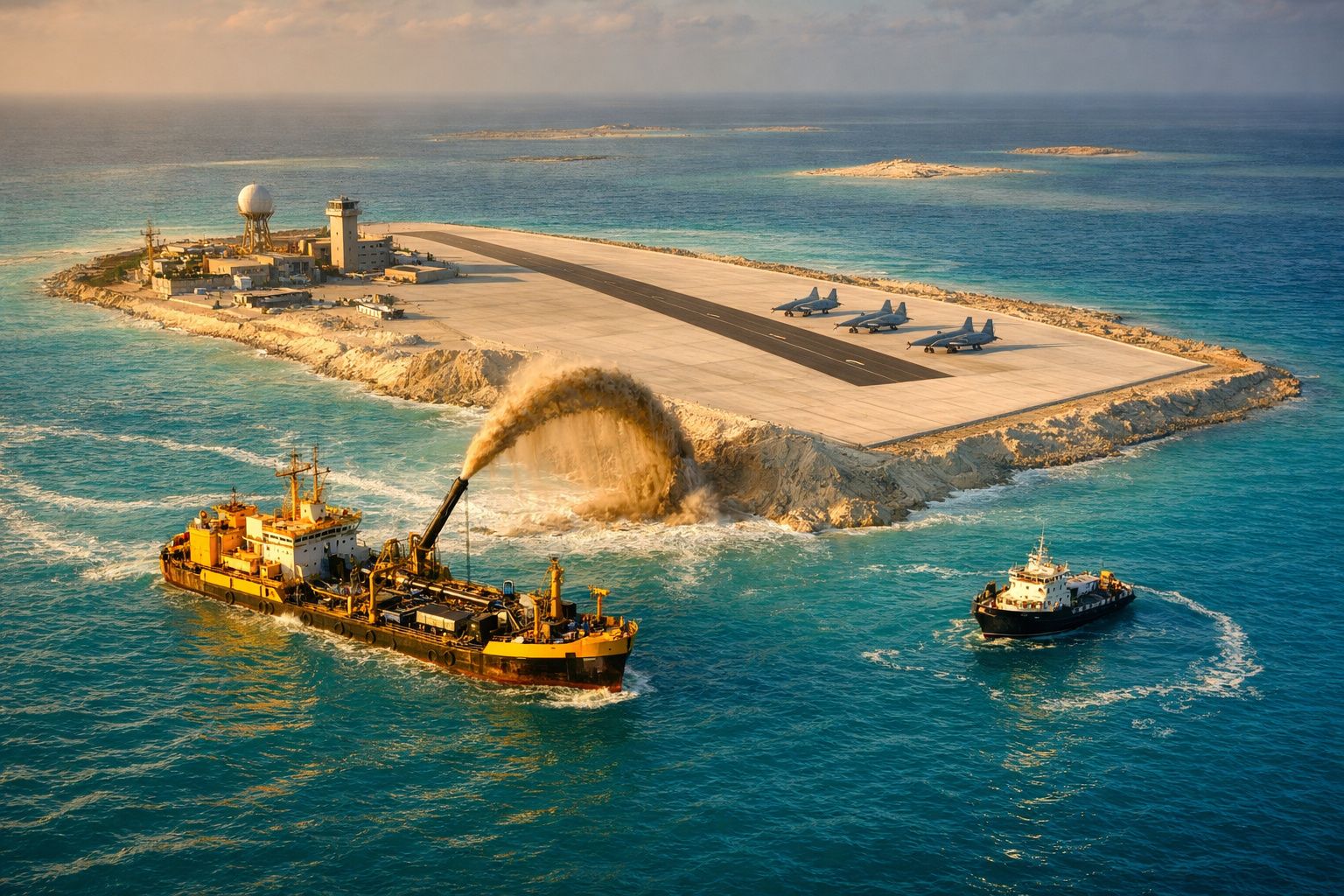 Ilha artificial com pista de avião e três jatos estacionados, rodeada por dois navios no mar azul.