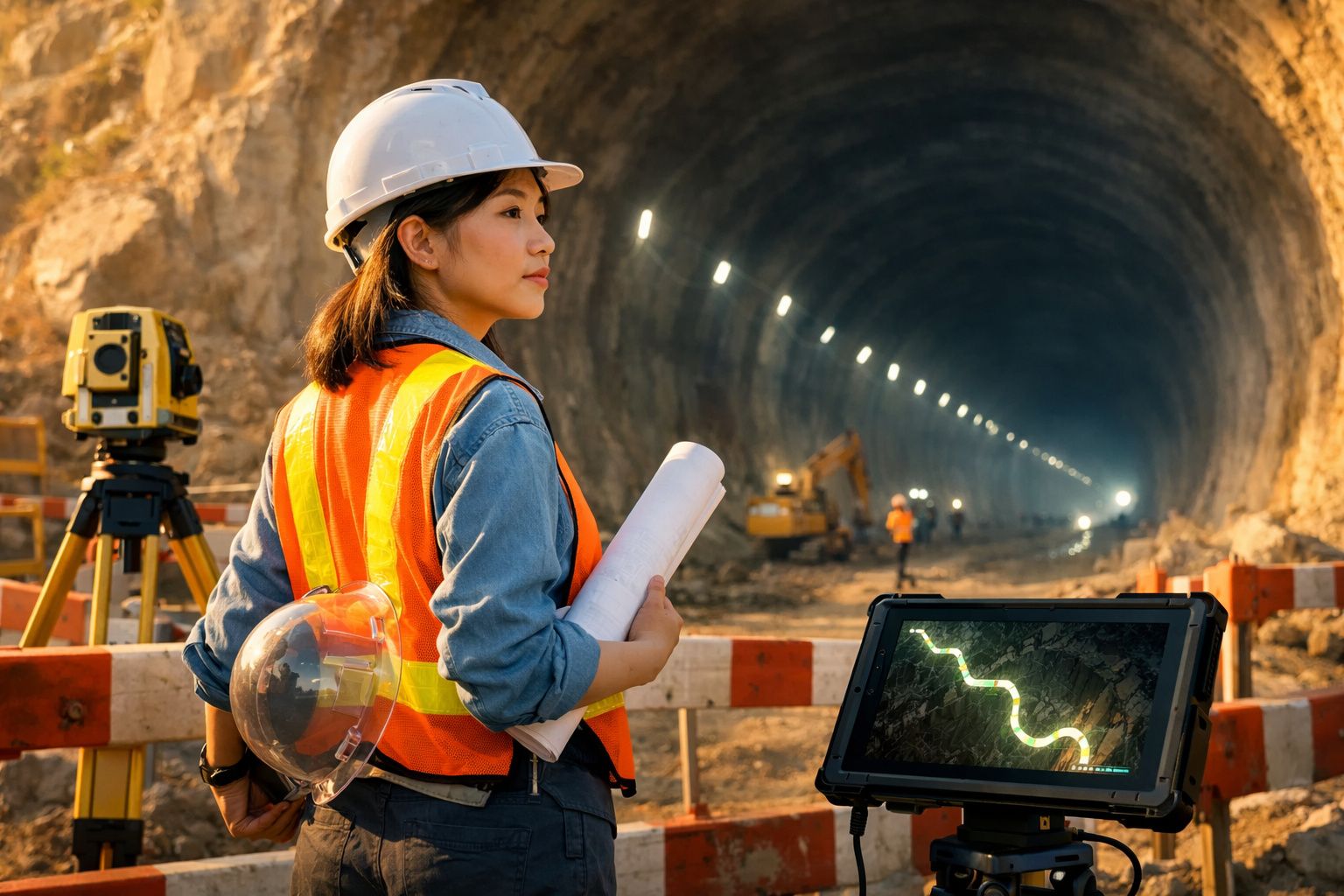 Engenheira de obras com colete e capacete, segurando plantas, em túnel de construção iluminado.