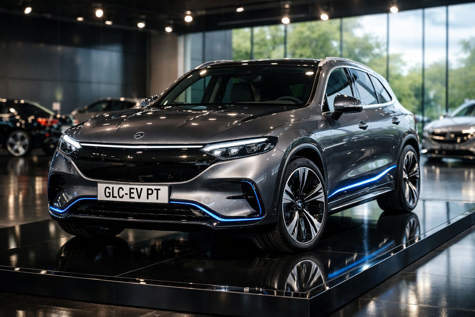 SUV elétrico Mercedes-Benz cinzento exibido em showroom moderno com iluminação suave e reflexos no chão.