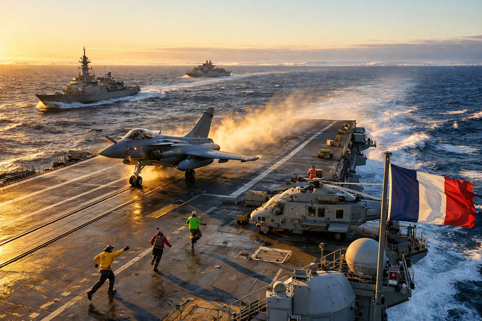 Porta-aviões francês com caça a descolar e helicóptero, rodeado por dois navios de guerra ao pôr do sol.