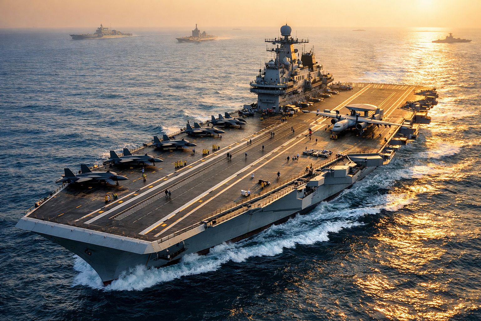 Porta-aviões militar em mar aberto ao pôr do sol com vários aviões e pessoal a bordo.