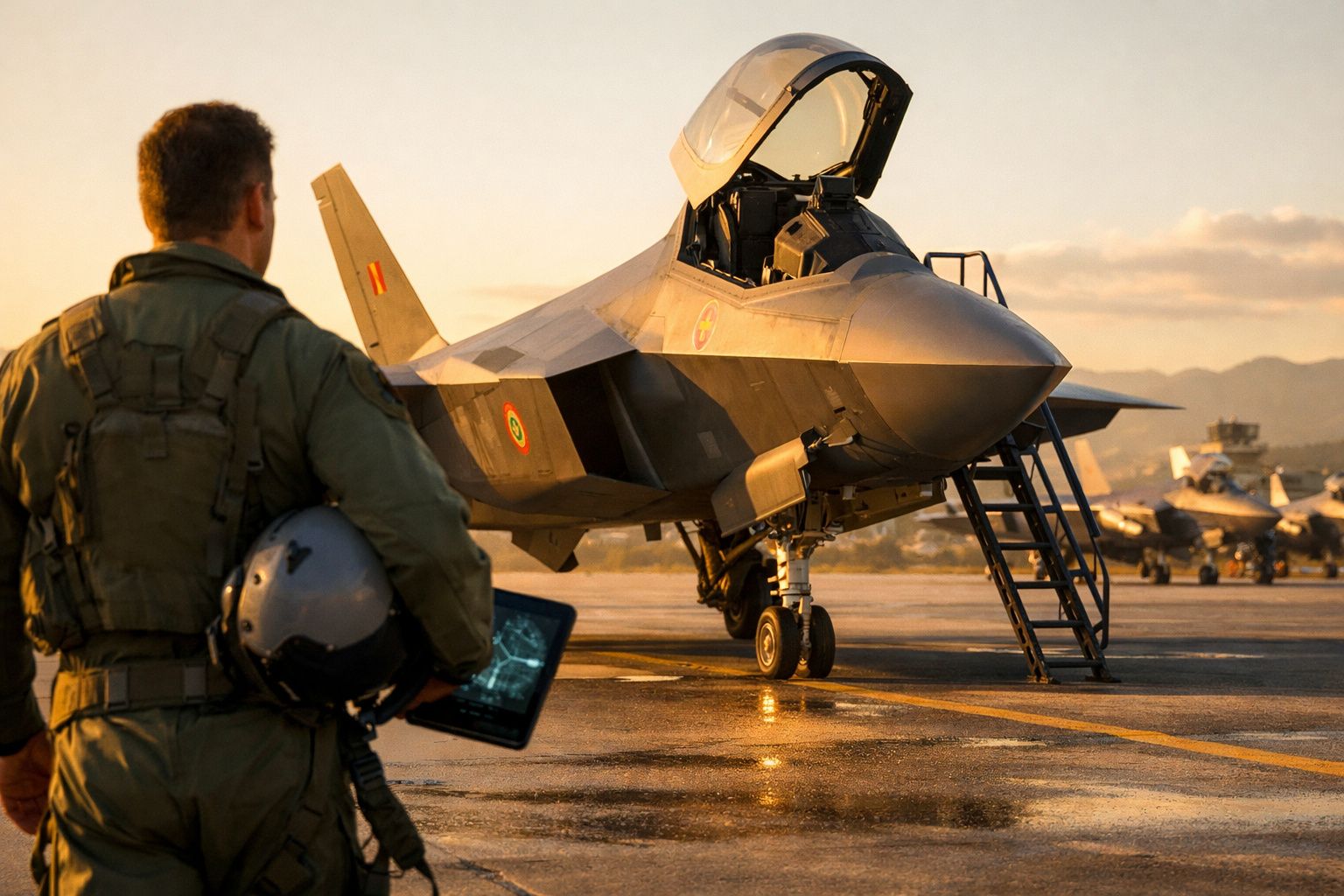 Piloto militar com capacete e tablet observa caça estacionado em pista ao pôr do sol