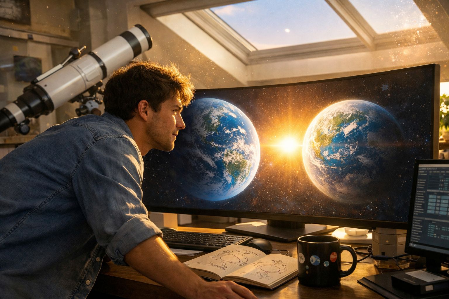 Homem observa imagem de duas Terras e um sol no ecrã do computador, com telescópio e livros à volta.