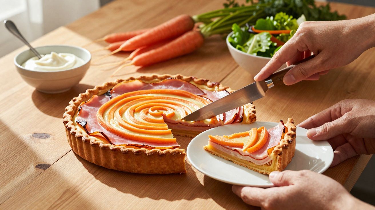 Pessoa a servir fatia de tarte com fiambre e cenoura fatiada, com cenouras, molho e salada ao fundo.