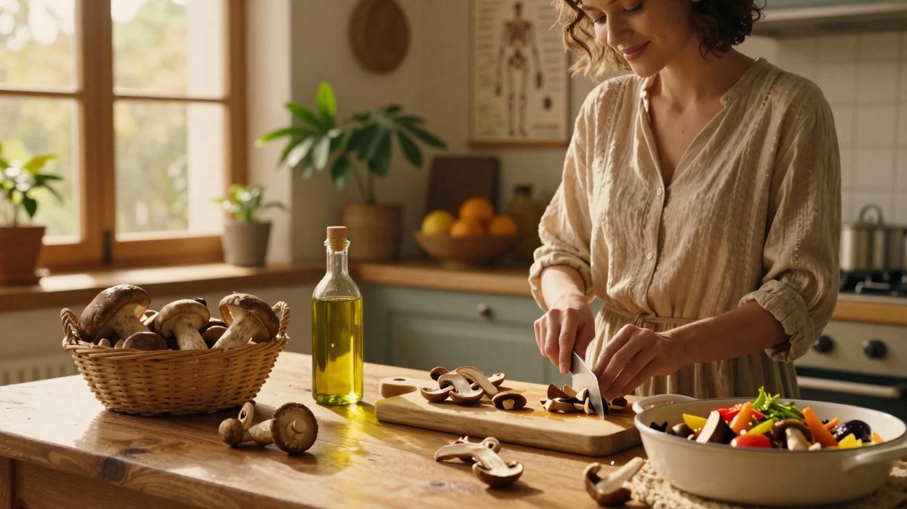 Mulher a cortar cogumelos numa tábua na cozinha com luz natural e legumes numa taça.