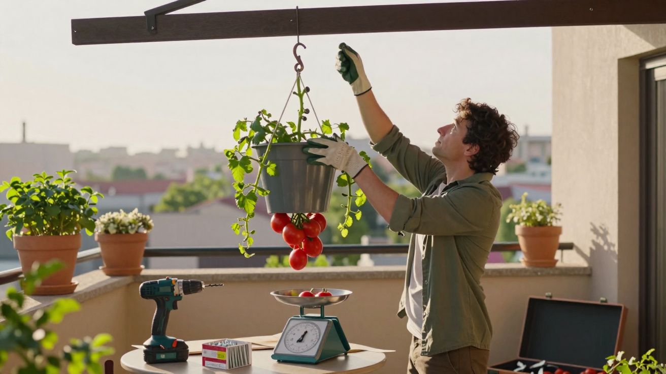 Homem a cuidar de planta de estufa suspensa com tomates maduros numa varanda ensolarada.