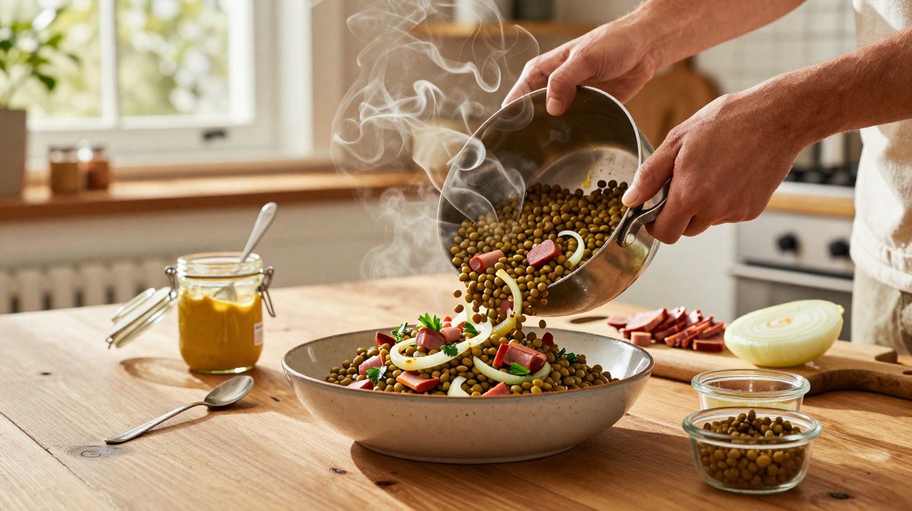 Mãos a servir lentilhas quentes com cebola, salsichas e salsa num prato numa cozinha luminosa.
