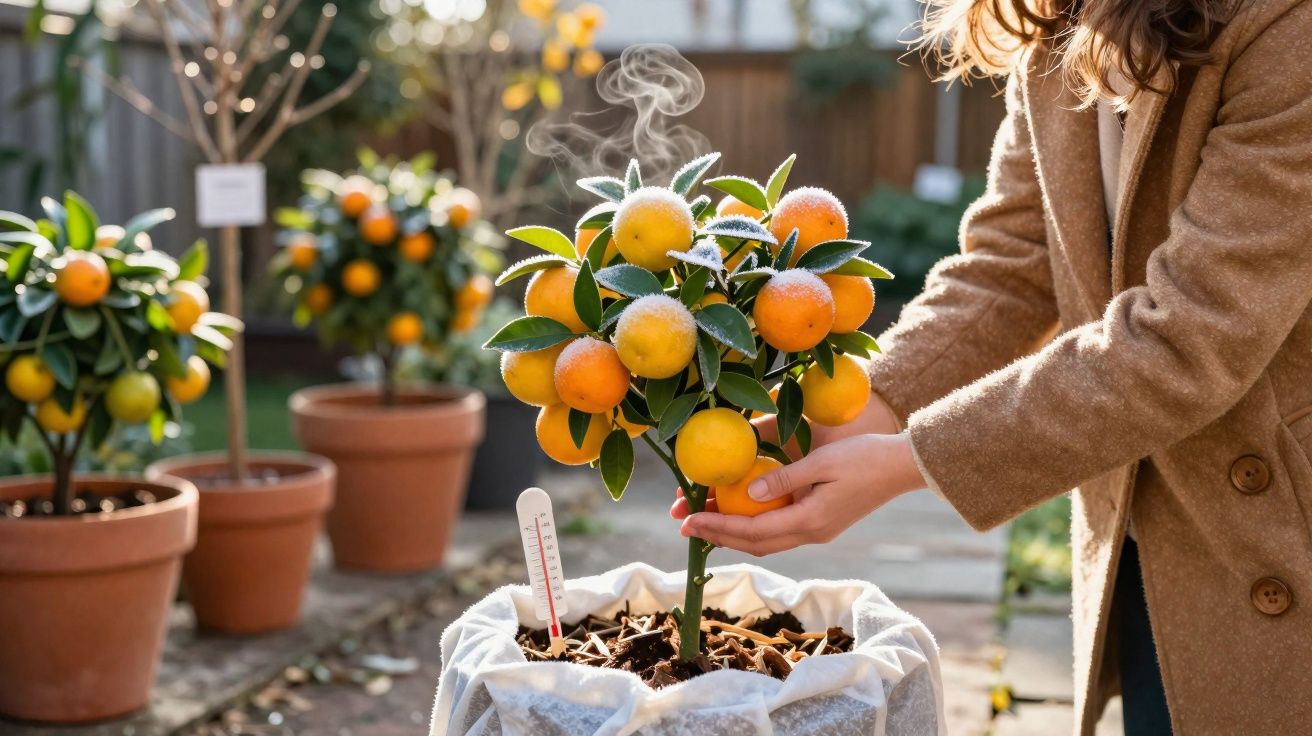 Pessoa a segurar árvore de citrinos em vaso, com termómetro e pequenos cristais de geada nas folhas.