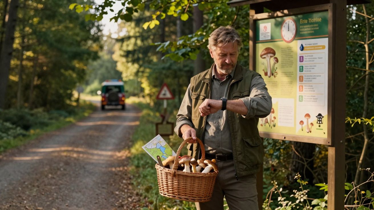 Homem com cesta de cogumelos e mapa verifica a hora junto a painel informativo numa floresta.