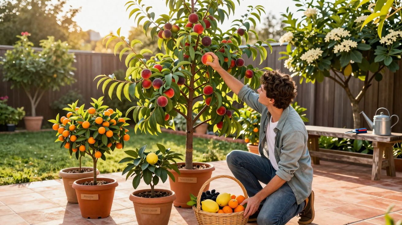 Jovem apanha fruta de árvores em vasos num jardim com cesta cheia de frutas na mão.