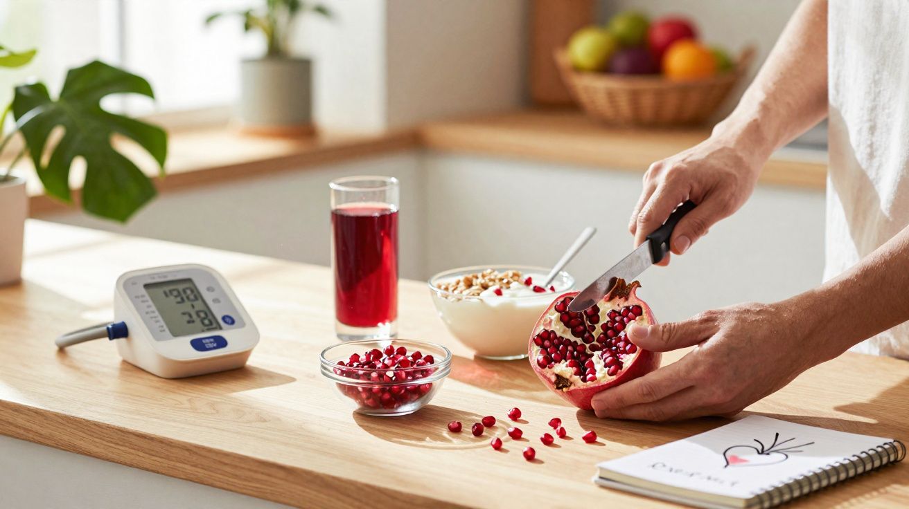 Pessoa a cortar uma romã numa cozinha com sumo, iogurte, aparelho de medição e bloco de notas na bancada.