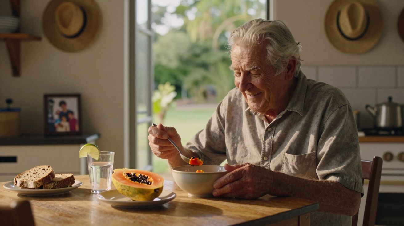Homem idoso a sorrir enquanto come sopa sentado à mesa na cozinha luminoso com frutas e pão.
